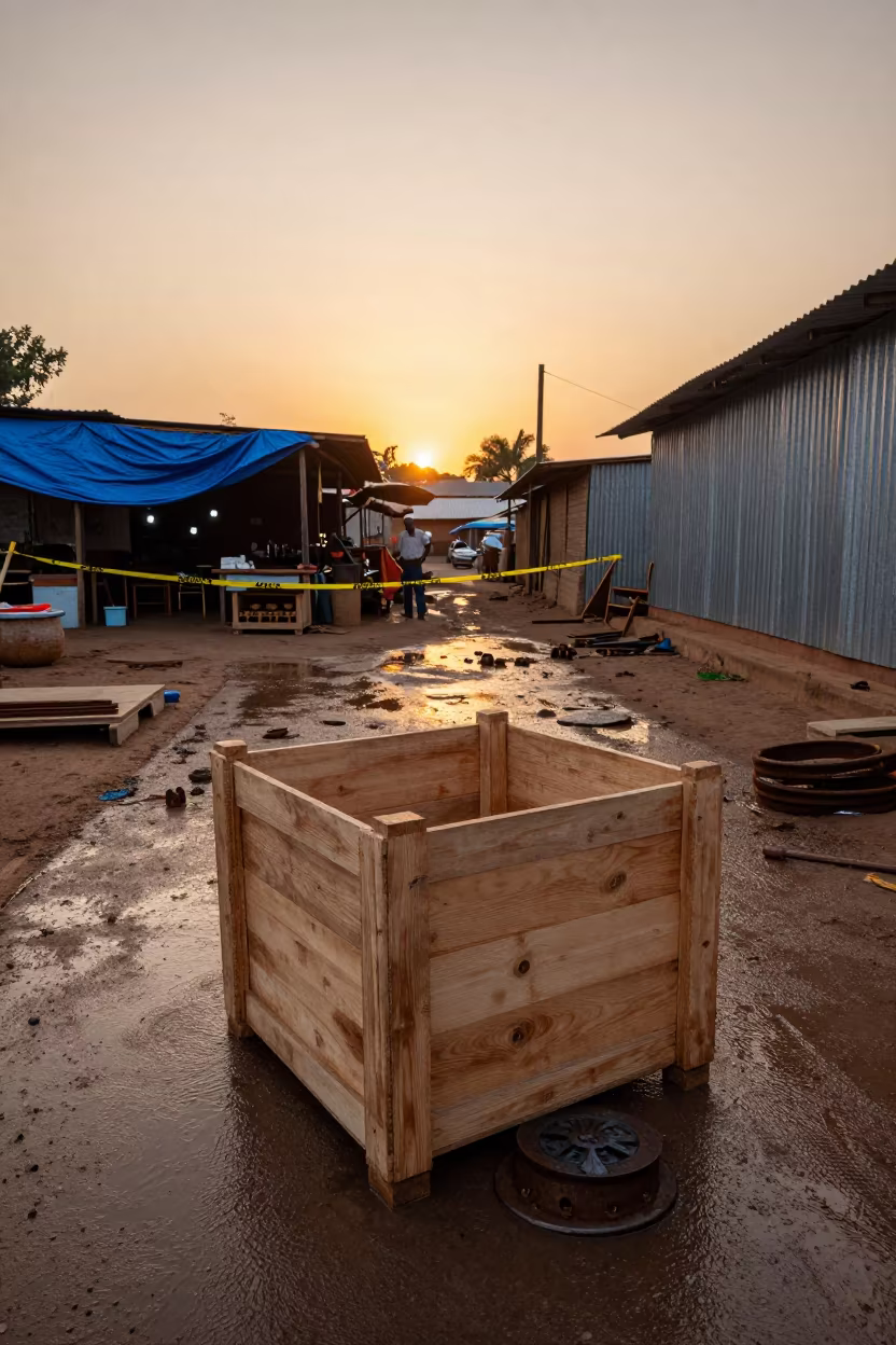 Manhole Shim Crate at Gulu Goldsmith Workshop Site in inside a goldsmith workshop behind the market lane in Gulu