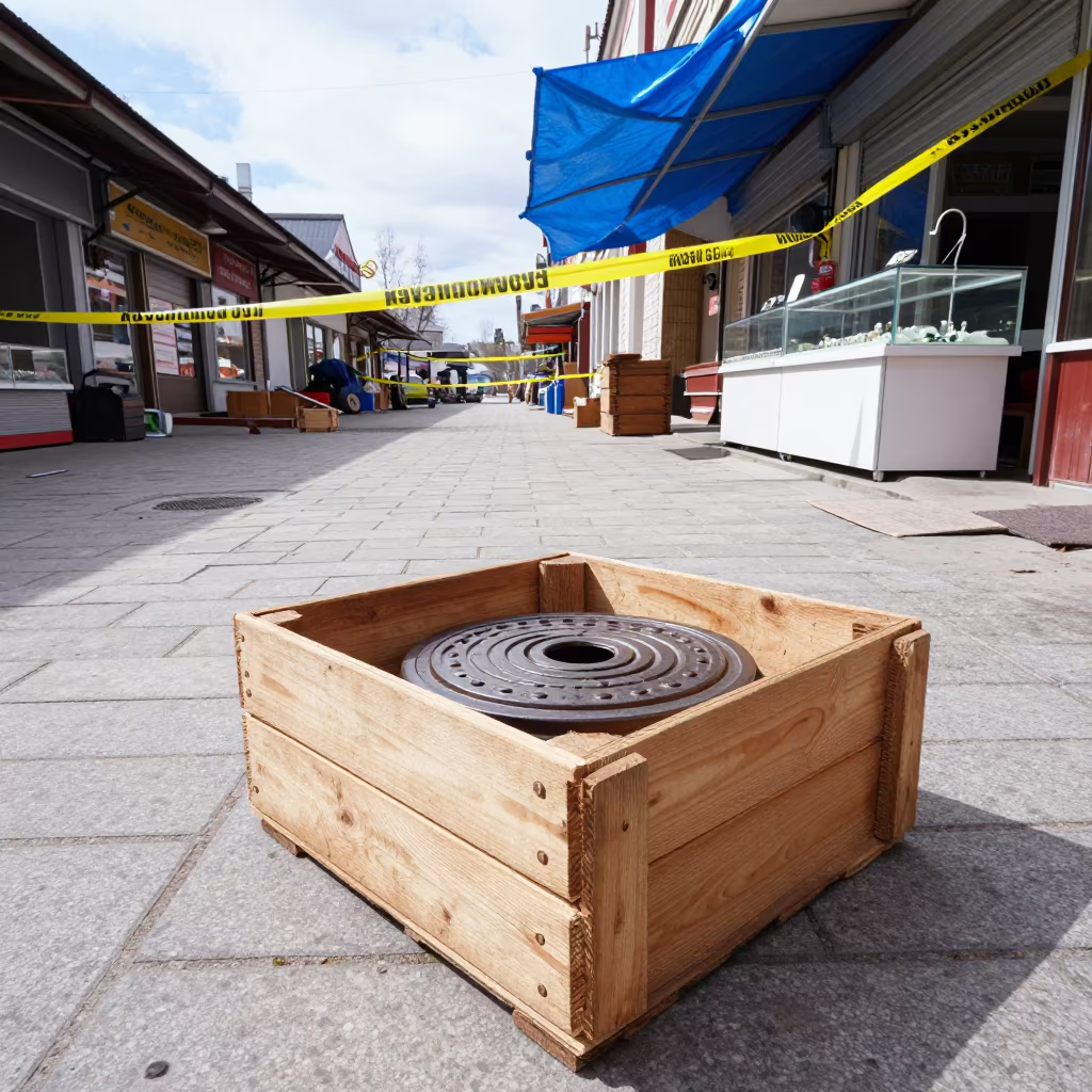 Manhole Shim Crate at Moscow Jewelry Bazaar in at a jewelry counter inside a covered bazaar in Moscow