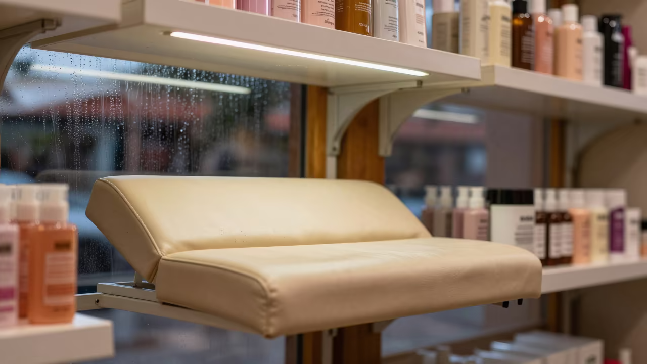 Manicure Armrest Shelf Under Salon Light in in a beauty supply area under white LEDs in Kigali