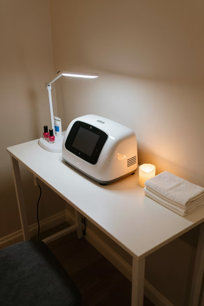 Manicure Station After Cleanup in Taoyuan in in a beauty supply area under white LEDs in Taoyuan