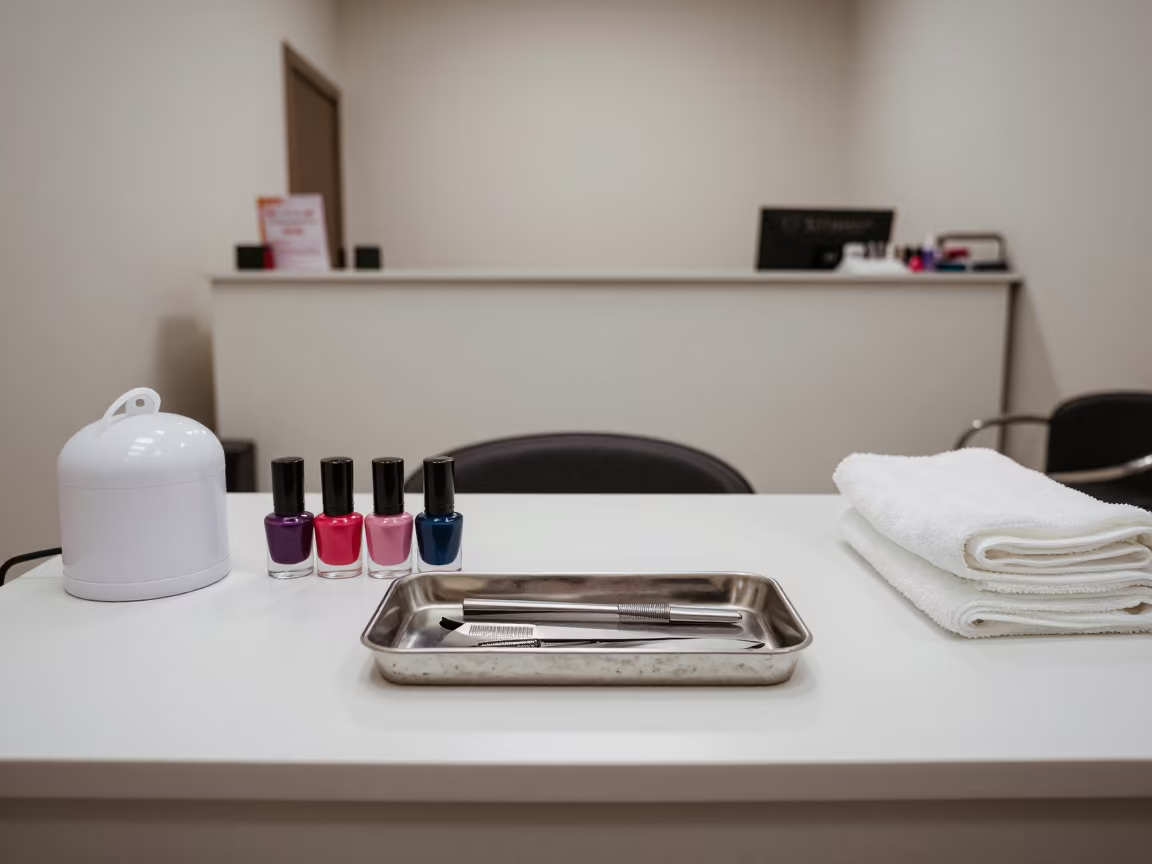 Manicure Station with Polish Bottles and Towels in at a salon reception counter in Banani, Dhaka