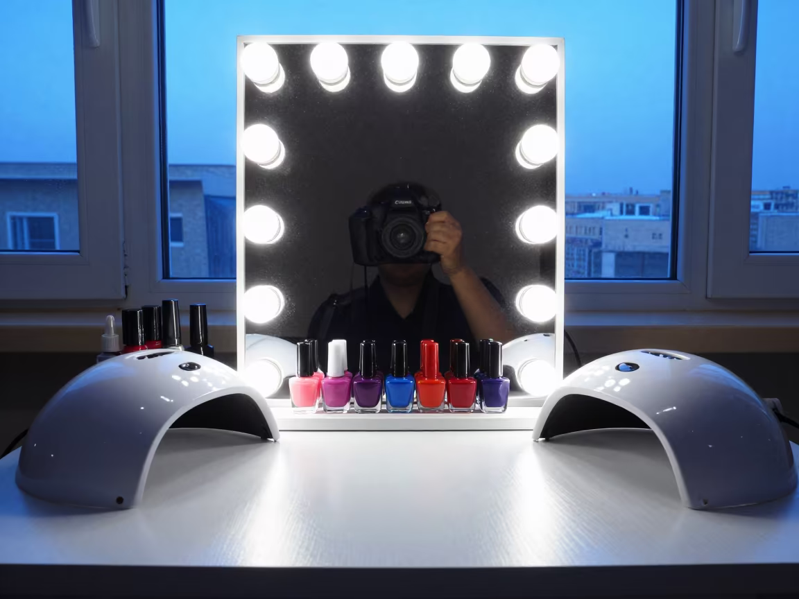 Manicure Table with Polish Bottles Under Barber Mirror Lights in at a barber station beneath mirror bulbs in Tabriz