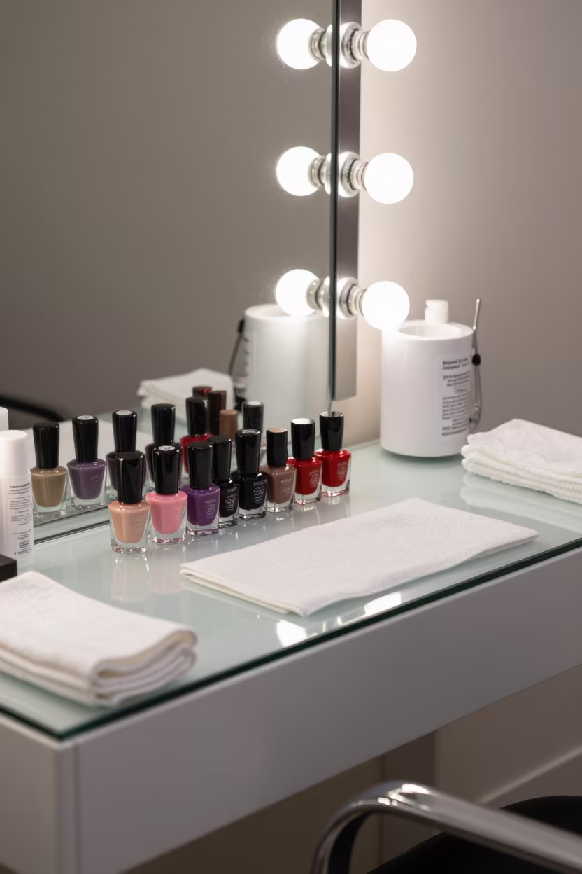 Manicure Table with Polish Bottles in Manama in at a barber station beneath mirror bulbs near Manama