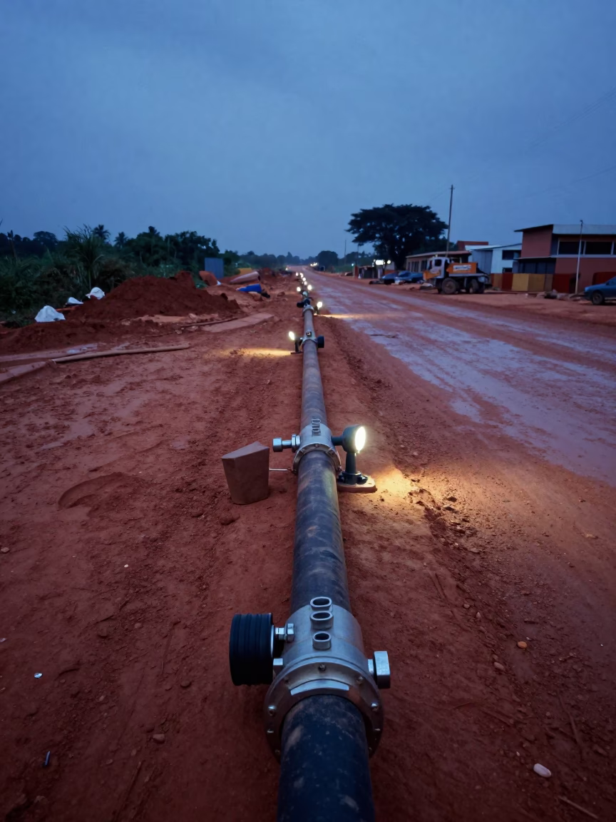Manifold Hose Inspection Lagos Evening in at a muddy site access road near Lagos