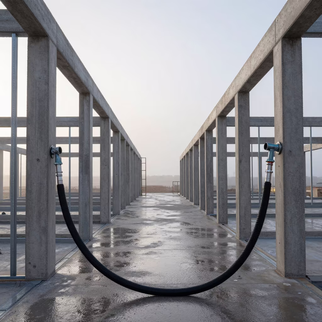 Manifold Hose Leak Test Early Morning Rain in beside a framed building shell near Moçâmedes