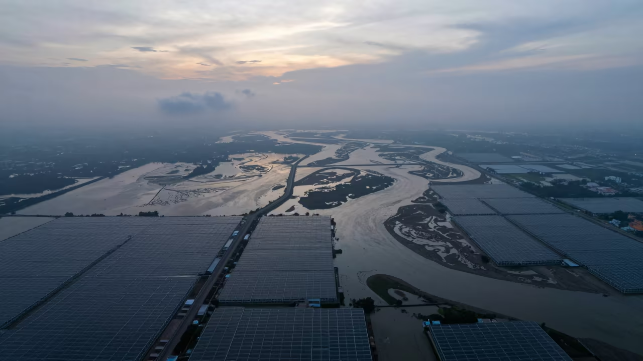 Manila Greenhouse Grids at Dawn with Reef Shallows in high over greenhouse grids near Poblacion, Manila