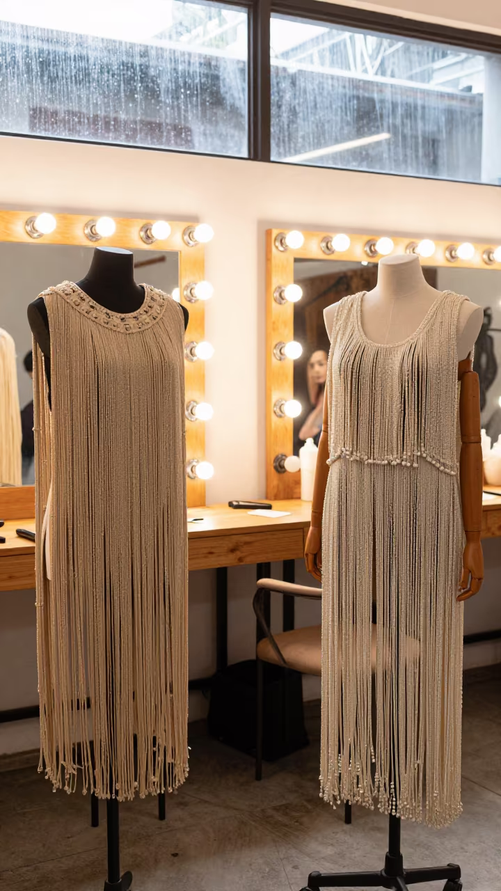 Manila Runway Rehearsal Beaded Fringe Mirror Light in beside a mirror lined with makeup bulbs near Manila