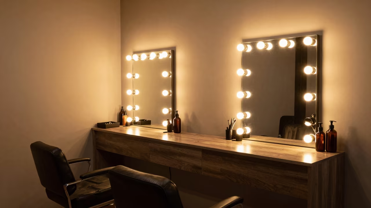 Manila Salon Counter Under Golden Hour Glow in at a barber station beneath mirror bulbs in Manila
