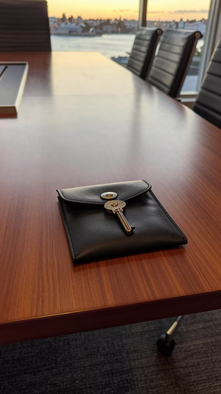 Manly Boardroom Sunset Seal Pouch Office in at a boardroom table before a meeting in Manly, Sydney