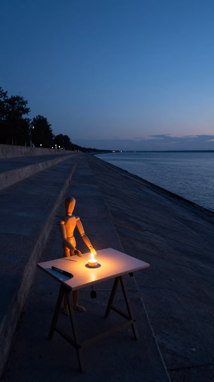 Mannequin Candlelight Harbor Predawn Water Uphill in at a harbor edge in Tolyatti