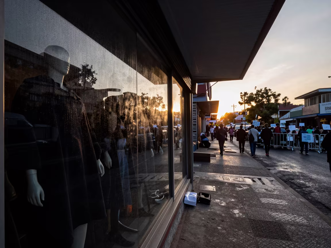 Mannequin Cape Hook in Mandalay Protest Shadow in along barricaded protest routes in Mandalay