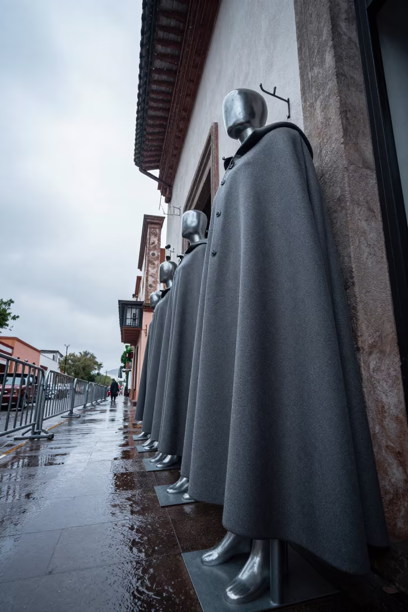 Mannequin Cape Hook in Puebla Protest Route in along barricaded protest routes in Puebla