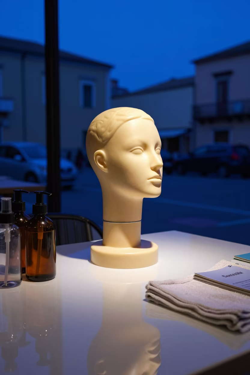 Mannequin Head Rack on Cafe Table in Sassari Twilight in on a cafe table by a window in Sassari