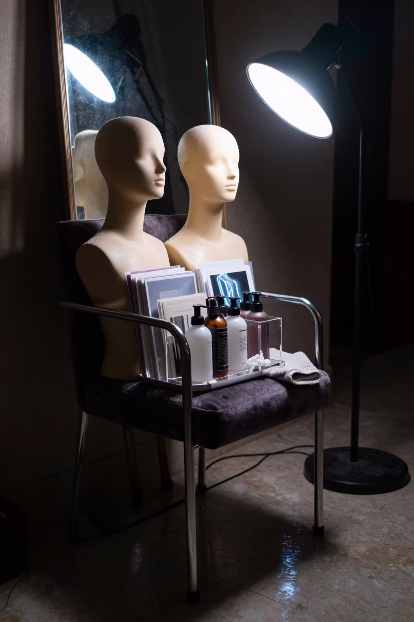 Mannequin Head Rack in Predawn Palermo in on a velvet chair in Palermo
