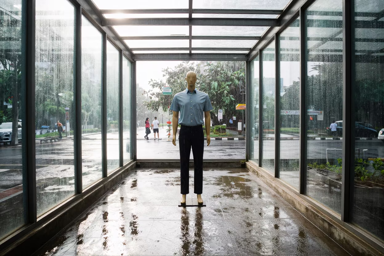 Mannequin Stand in Glass Arcade Kulim in inside a glass-roofed arcade in Kulim