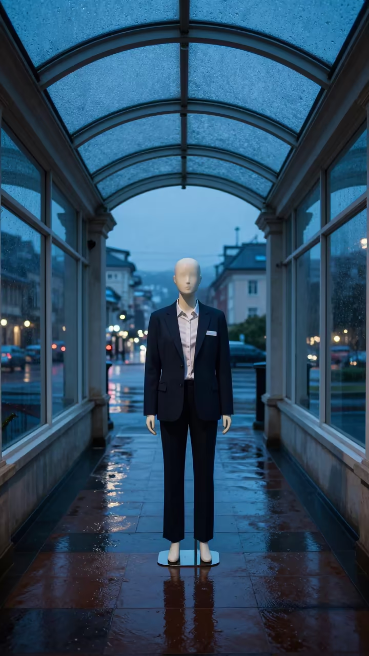 Mannequin Stand Reset in Glass Arcade Twilight in inside a glass-roofed arcade in Villa Nueva