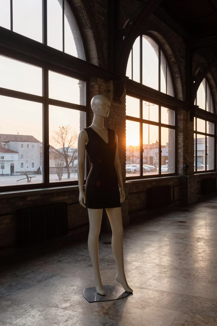 Mannequin Stand Reset in Podgorica Train Terminal in inside a restored train terminal in Podgorica