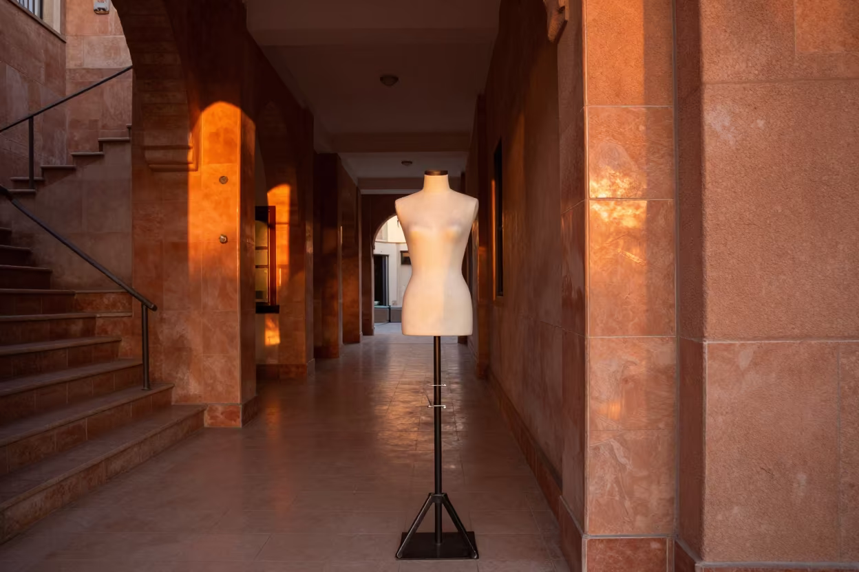 Mannequin Stand Reset in Tiled Stair Hall Assilah in inside a tiled stair hall near Assilah