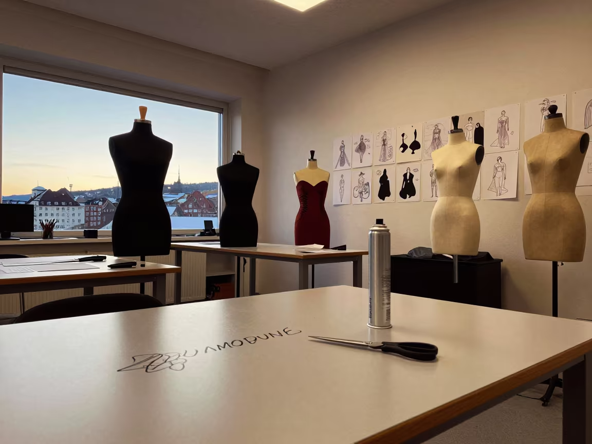 Mannequins Facing Croquis in Bergen Winter Sunset in at a tailoring table strewn with chalk and shears in Bergen