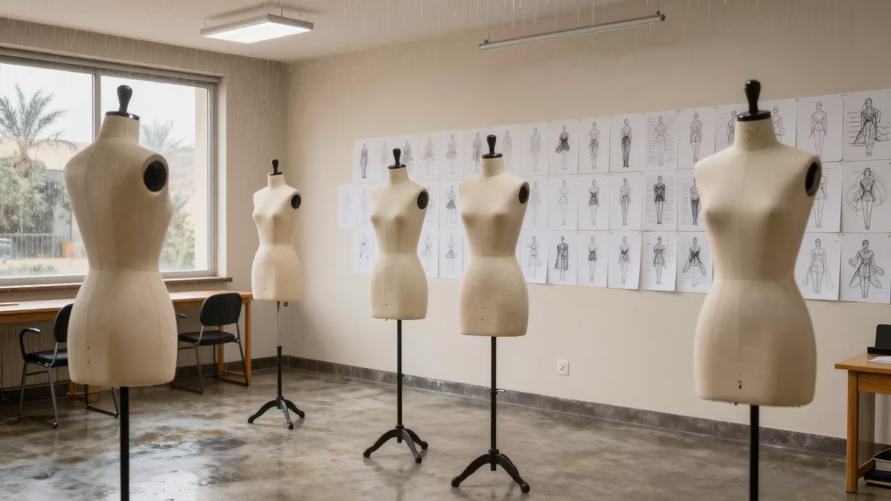 Mannequins Facing Croquis in Qena Fashion Classroom in under runway rehearsal lights in Qena