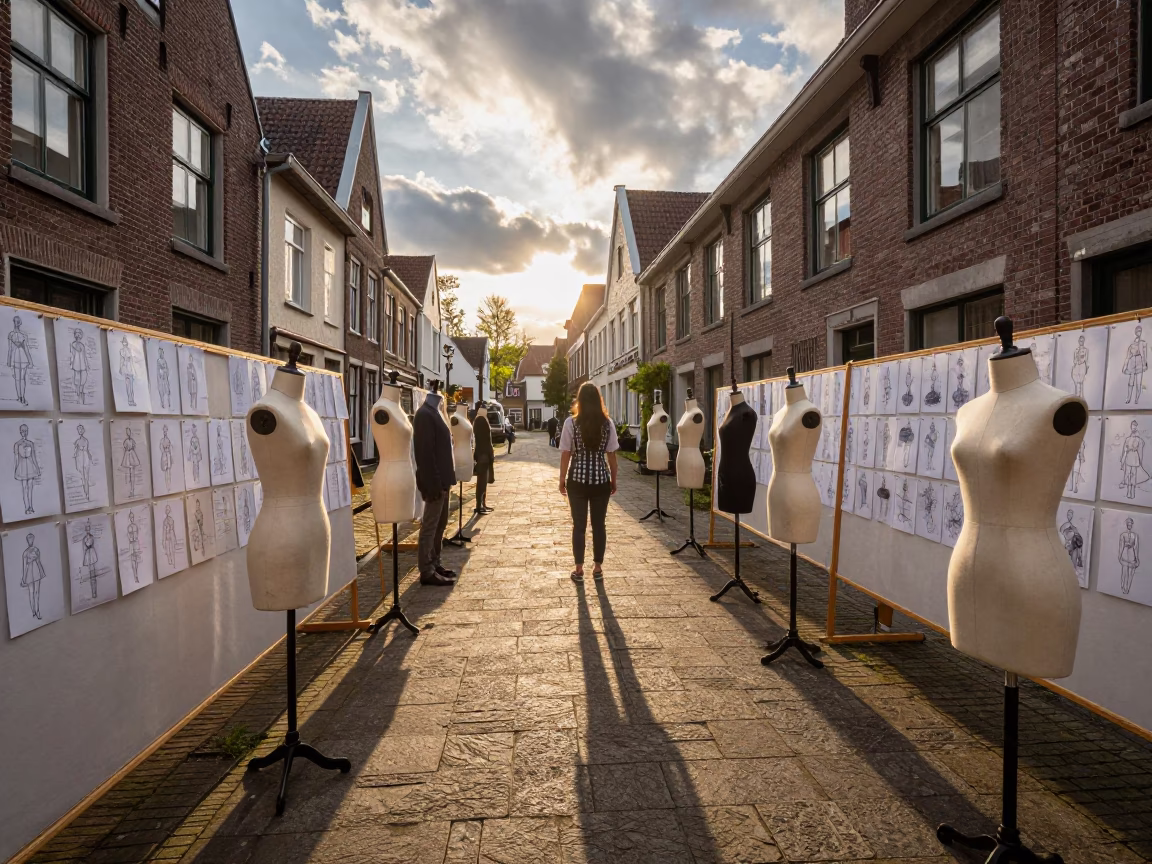 Mannequins Facing Croquis Wall at Sunset in in a stone lane between old facades near Van