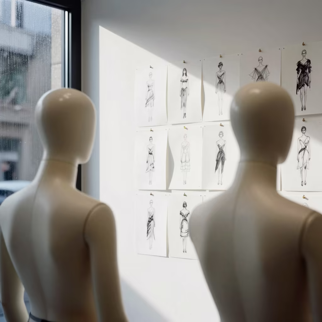 Mannequins Facing Croquis Wall in Tekirdag in inside a minimalist showroom in Tekirdağ