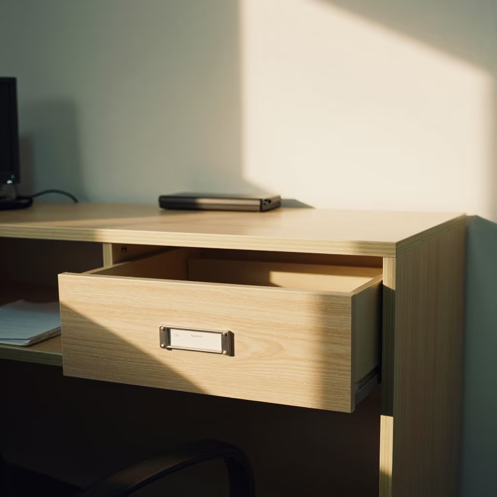Mansoura Office Nameplate Drawer Golden Hour in inside an open-plan office bay in Mansoura