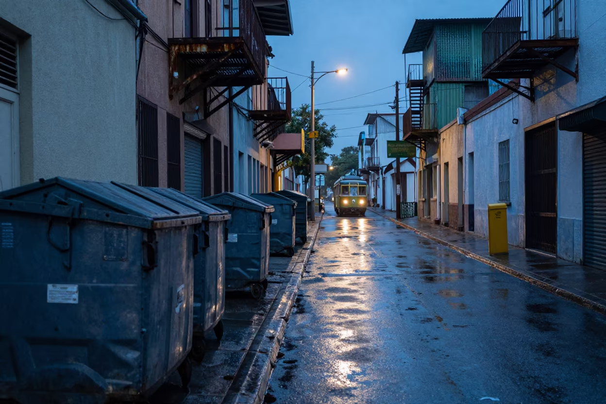 Manta Alley Dumpsters Fire Escapes Twilight Drizzle in at a tram stop in Manta