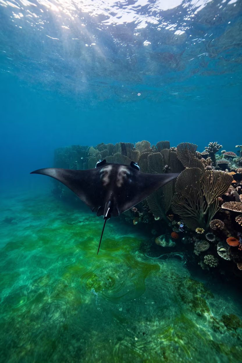 Manta Ray Above Sea Fan Wall in Sunrise in along a coral wall with blue water beyond near Cebu