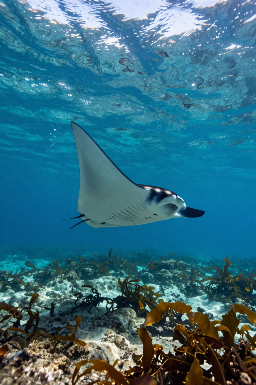 Manta Ray Barrel Roll in Catalan Kelp Waters in along a kelp-fringed shelf in Catalonia