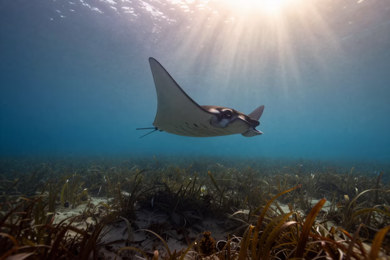 Manta Ray Barrel Roll Dawn Seagrass Barcelona in above a seagrass meadow near Barcelona