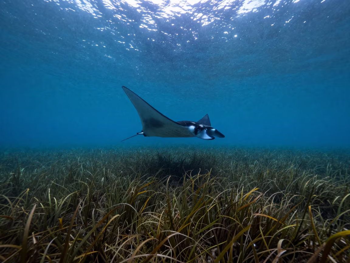 Manta Ray Barrel Roll Over Seagrass Cartagena in above a seagrass meadow near La Popa, Cartagena
