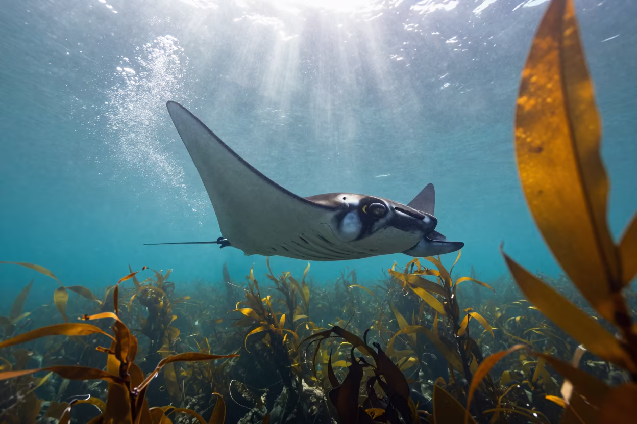 Manta Ray Kelp Forest New Zealand Midmorning in through a forest of kelp fronds in New Zealand