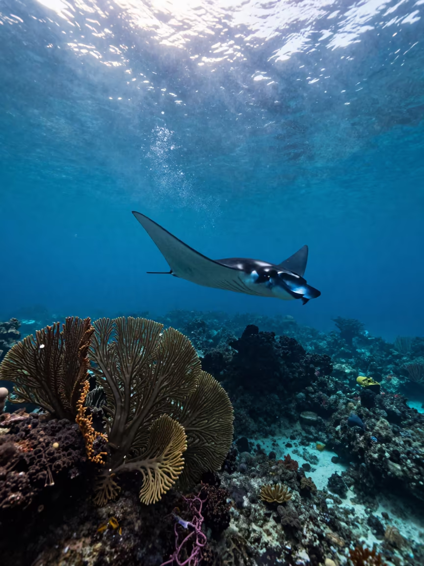 Manta Ray Over Volcanic Reef At Sunrise in beside a volcanic reef overhang near Cairns