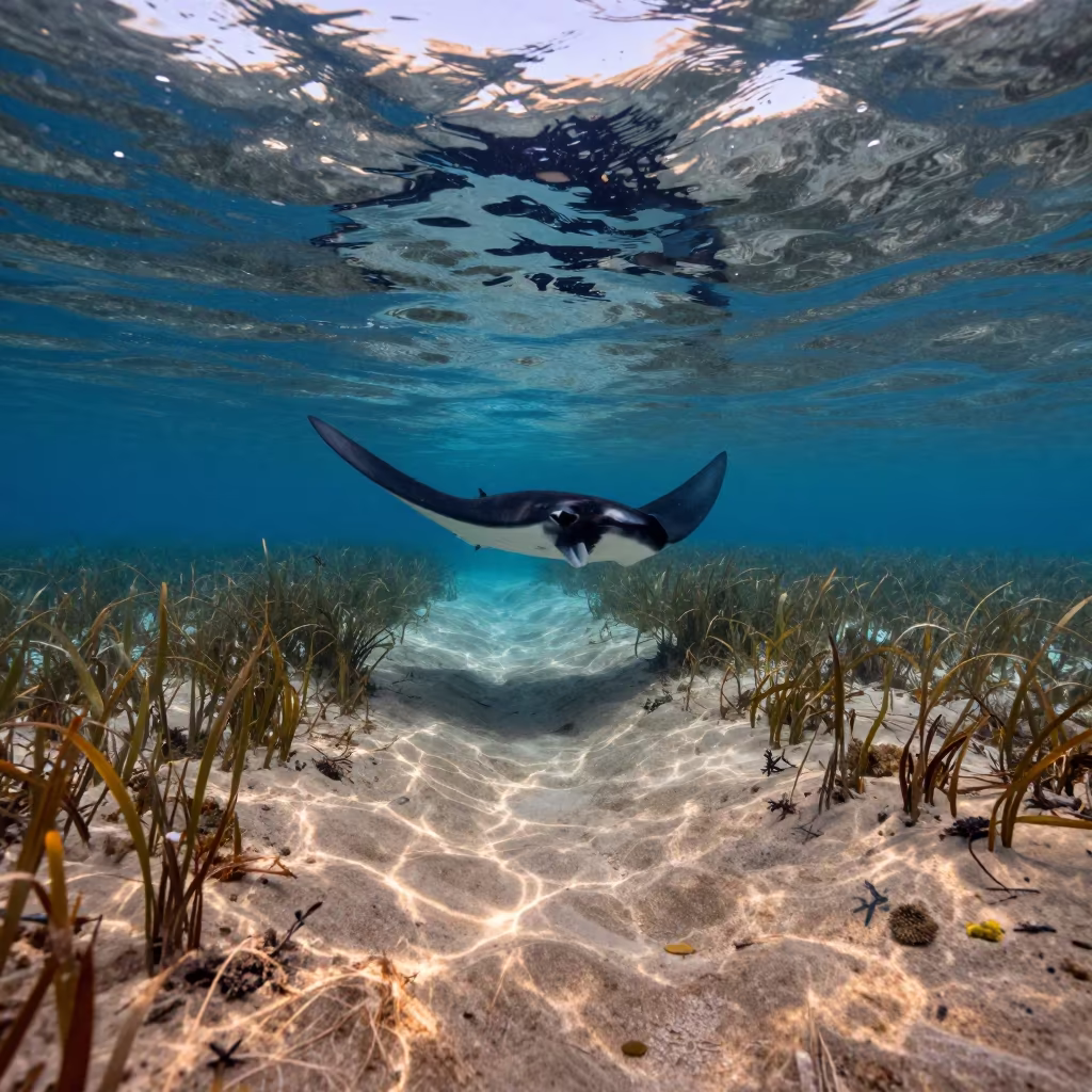 Manta Ray Over Sicilian Seagrass in Evening Light in above a seagrass meadow in Sicily