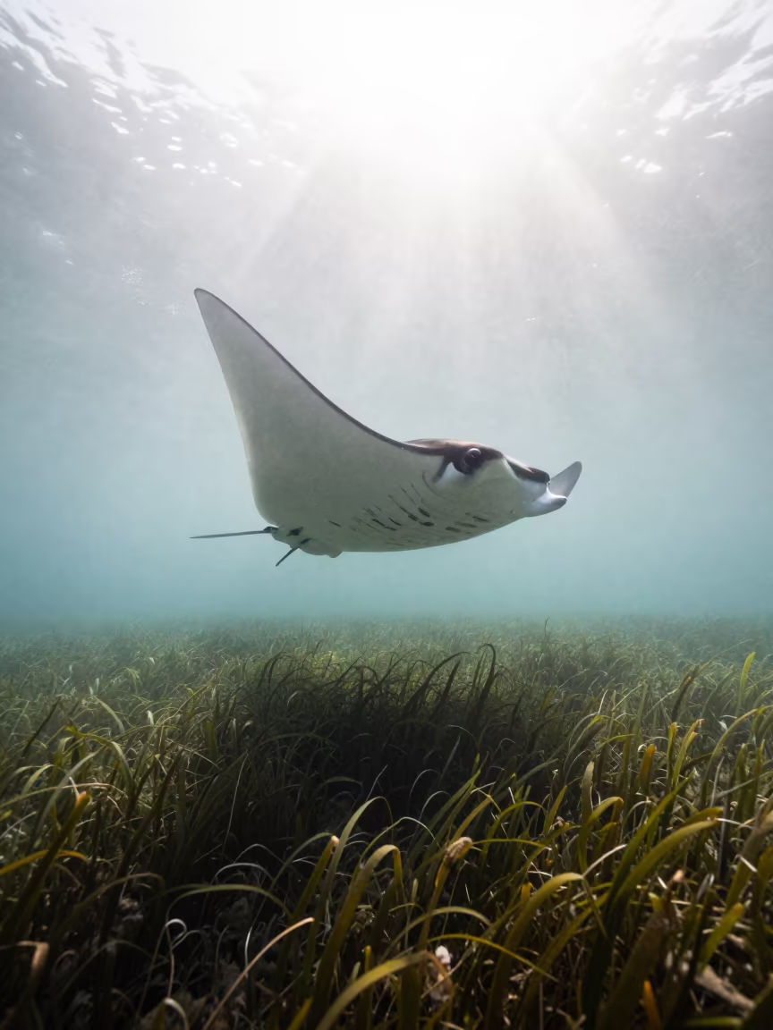 Manta Ray Somersaulting Over Seagrass in above a seagrass meadow near Cape Town