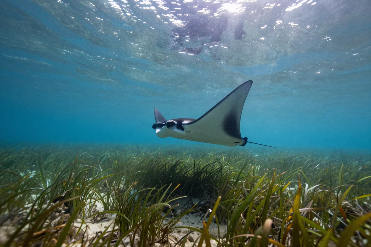 Manta Ray Somersaults Over Hokkaido Seagrass in above a seagrass meadow in Hokkaido