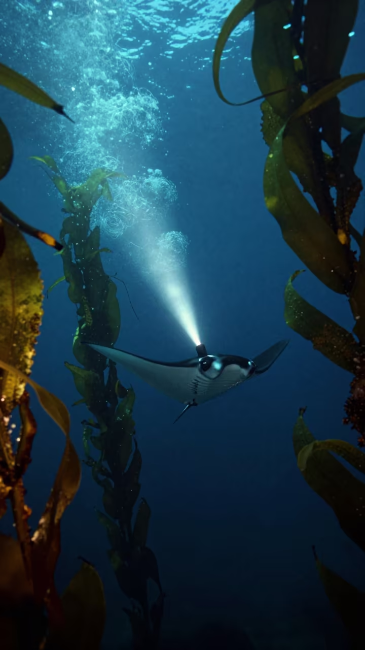 Manta Ray Somersaults in Night Kelp Forest in through a forest of kelp fronds in California