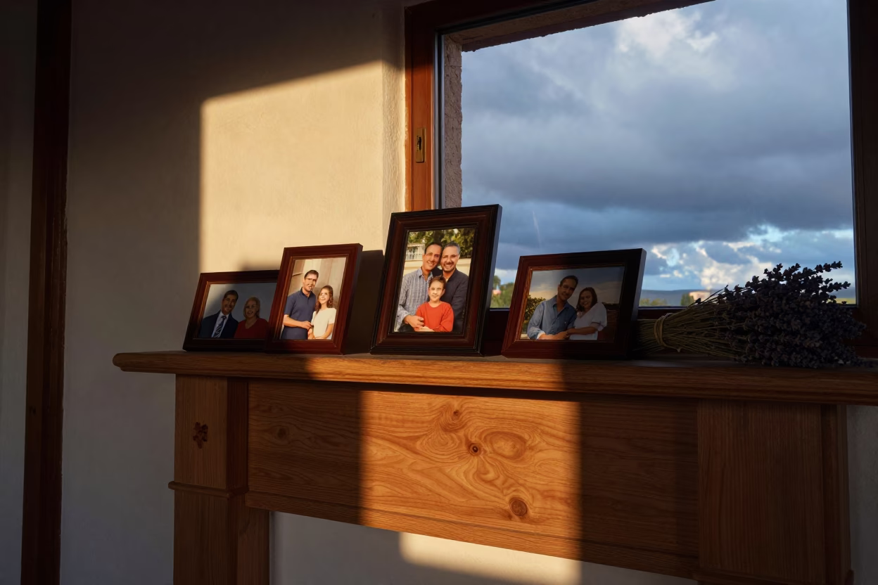 Mantelpiece Photos and Lavender in Evening Light in near León de Los Aldama