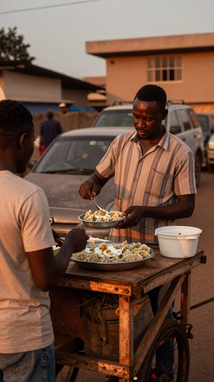 Manti Dumplings at Copper-toned Light Before Dusk in Accra in in Accra, Ghana
