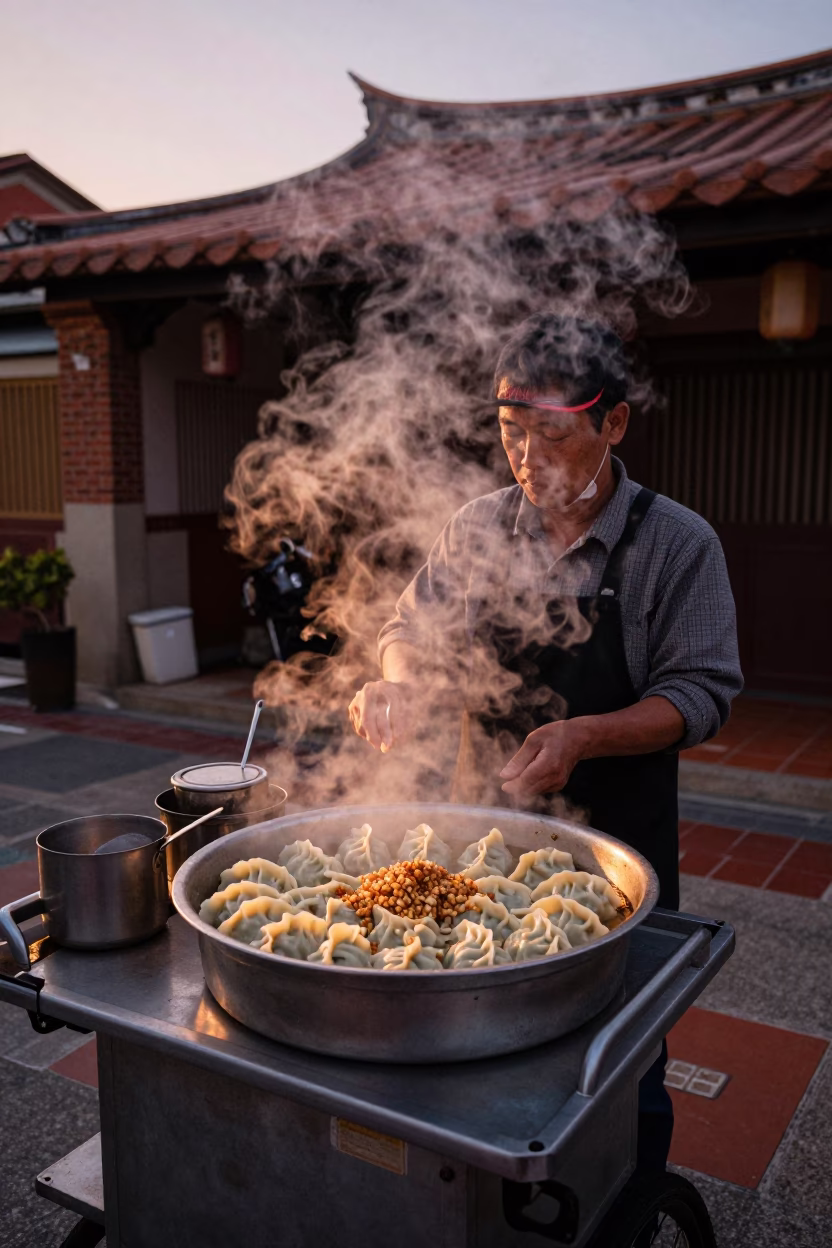 Manti Dumplings at Copper-toned Light Before Dusk in Tainan in in Tainan, Taiwan
