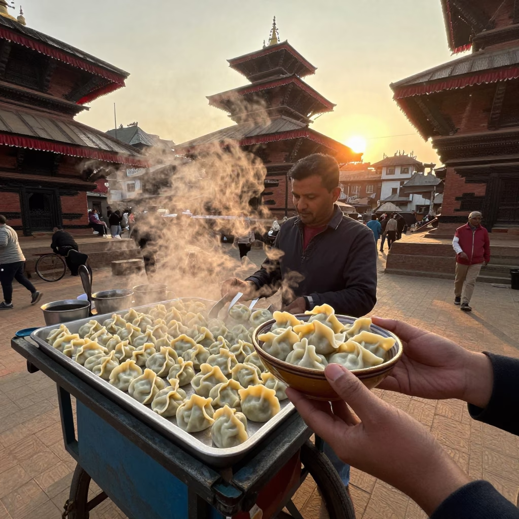 Manti Dumplings at Sunset Light in Kathmandu in in Kathmandu, Nepal