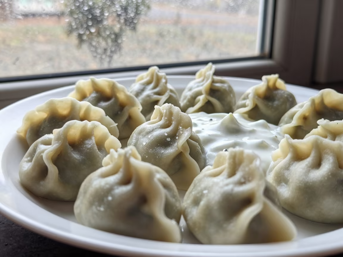 Manti Dumplings with Garlic Yogurt in on a ceramic plate by a window in Meerut