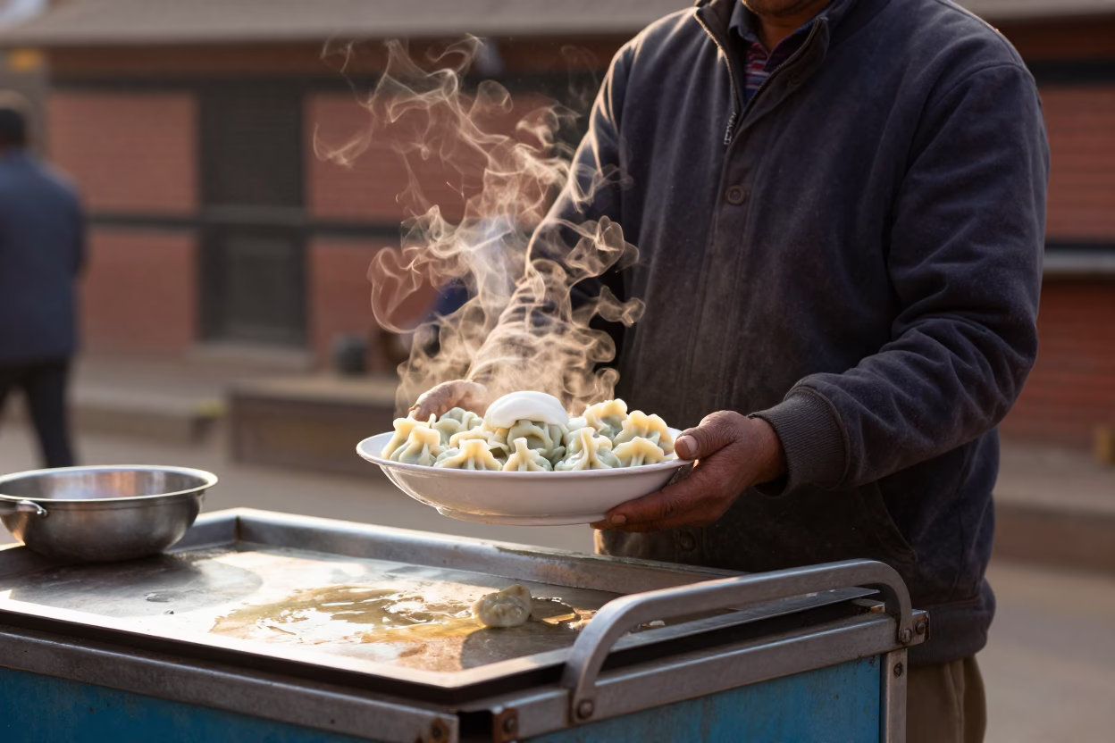 Manti Dumplings in Kathmandu at The Late Afternoon Light in in Kathmandu, Nepal