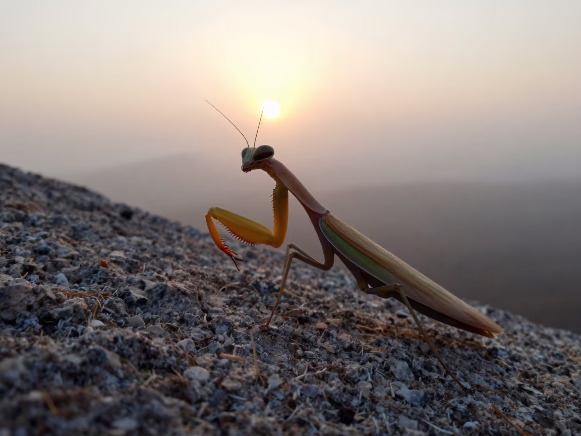 Mantis Cleaning Forelegs on Wind-Scoured Ridge in on a wind-scoured ridge near Monterrey