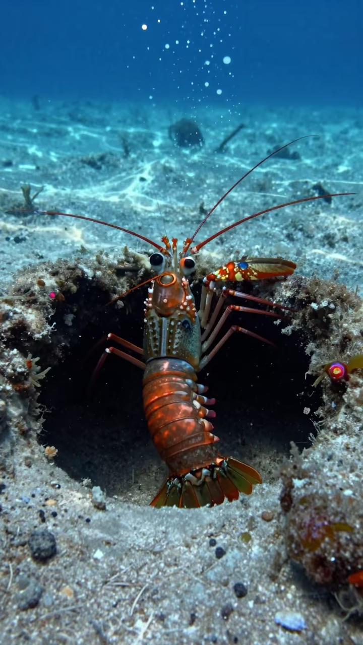 Mantis Shrimp Silhouette Striking Reef Ledge in beneath a reef ledge in tropical shallows near Zanzibar