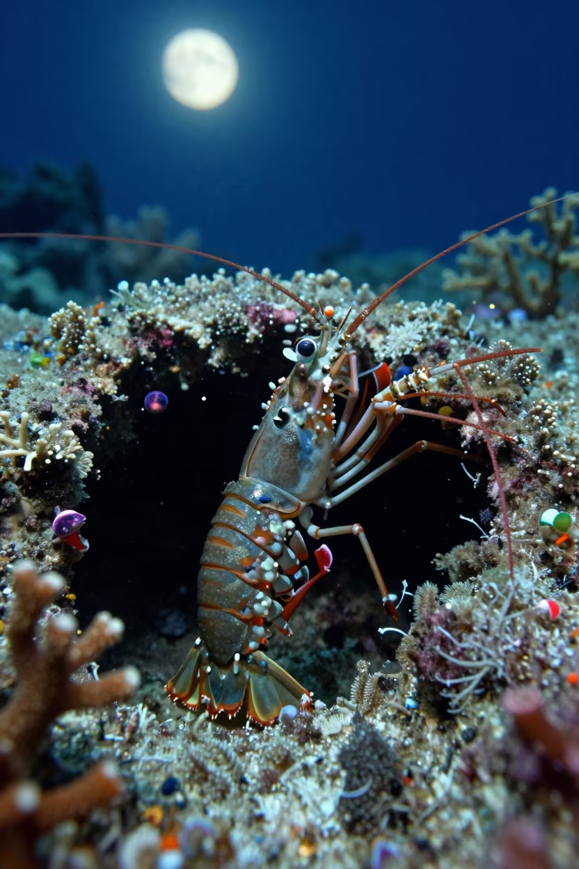 Mantis Shrimp Strike Night Reef Cairns in along a coral wall with blue water beyond near Cairns