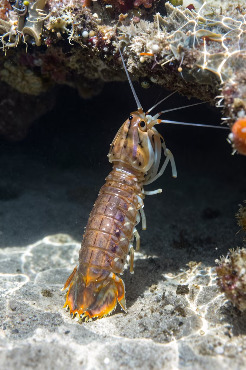 Mantis Shrimp Striking Reef Burrow Cairns in beneath a reef ledge in tropical shallows near Cairns