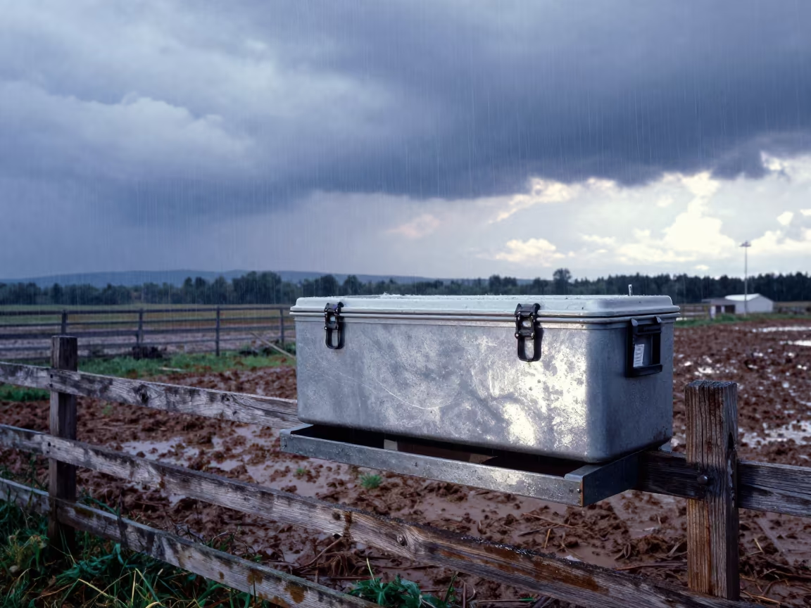 Manure Cooler Shelf Along New Hampshire Fence in along a muddy paddock fence in New Hampshire