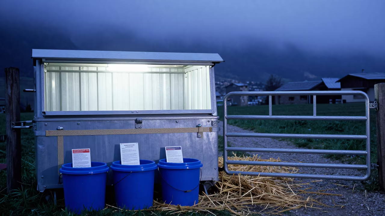 Manure Lagoon Sample Cooler in Andorra Twilight in beside a pasture gate in Andorra